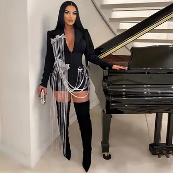 Flashing Tassels Chains Mini Dress Black Color Fashion Suit Collar Birthday Evening Party Nightclub Dress Singer Dress 1