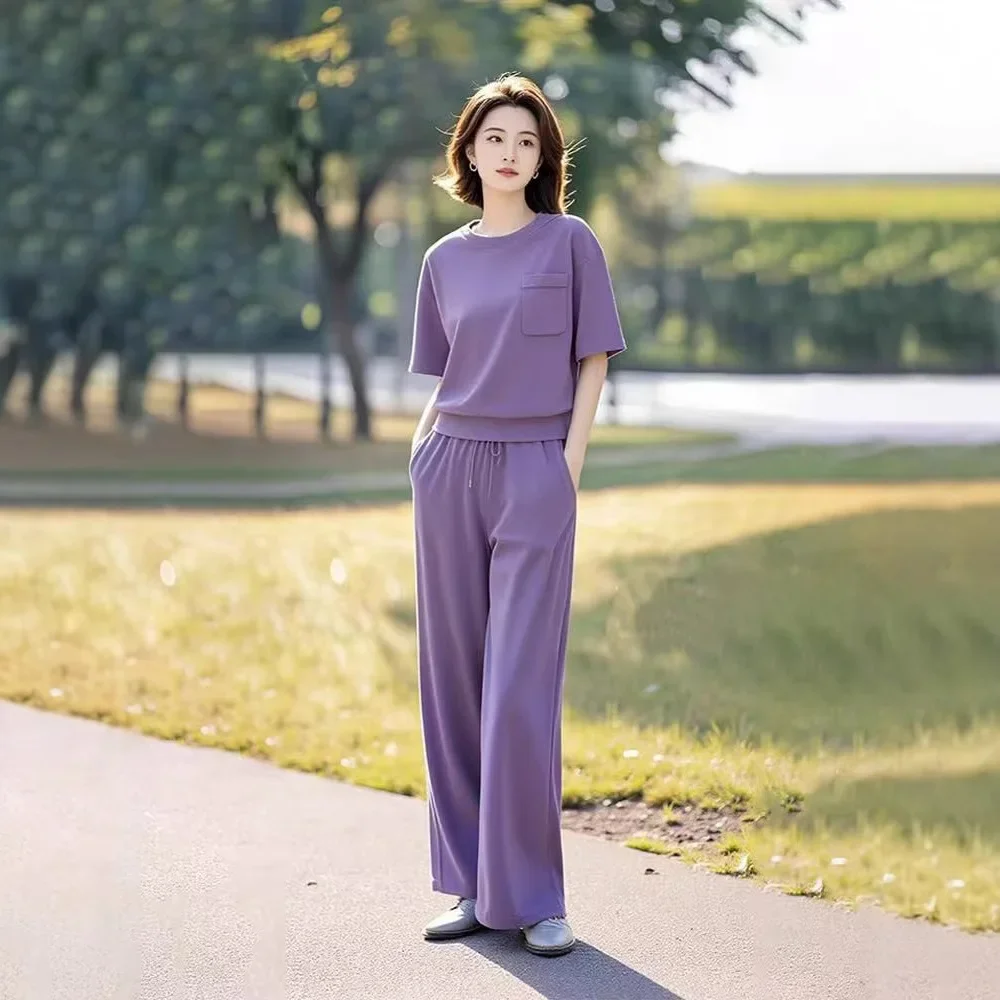 صيف جديد الكورية نمط المرأة ملابس رياضية عادية متعددة الاستخدامات فضفاضة تي شيرتات قصيرة الاكمام بنطال ذو قصة أرجل واسعة قطعتين مجموعة العصرية