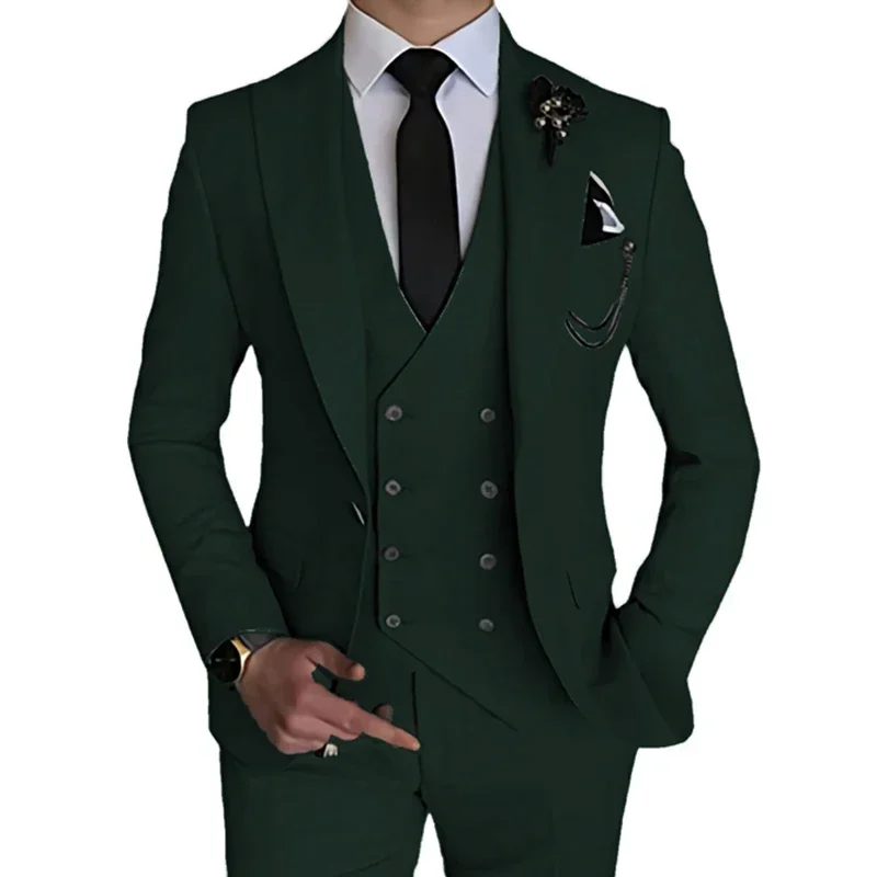 3 Pcs 2023 Fashion New Men Leisure Boutique Business Solid Color Wedding Suit Coat Pants Vest  Set Dress Blazers Jacket Trousers 3