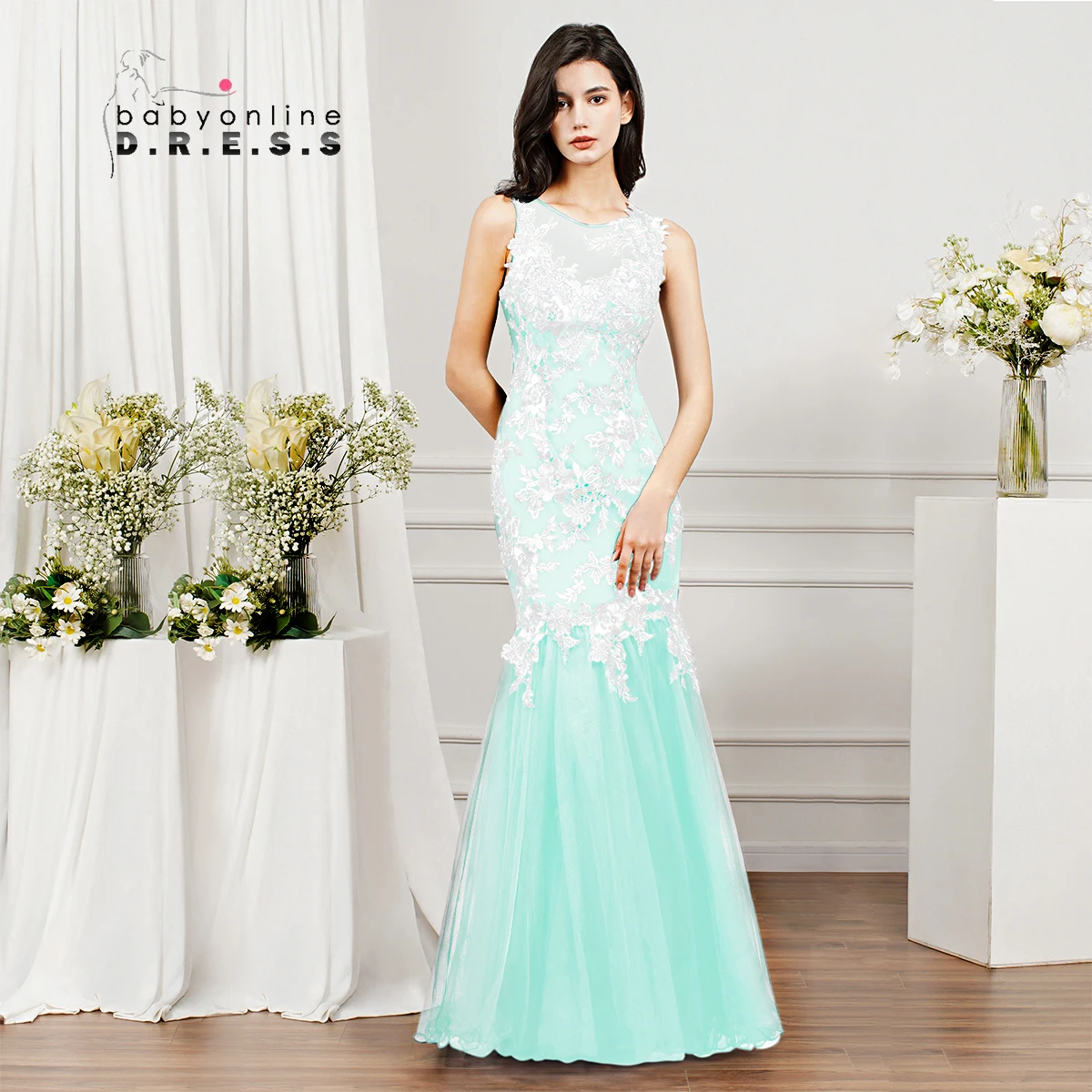 

BABYONLINE robe soirée Mermiad Bridesmaid Dresses for Women Lace Appqulies Tulle Wedding Party Illusion Gowns שמלות שושבינה