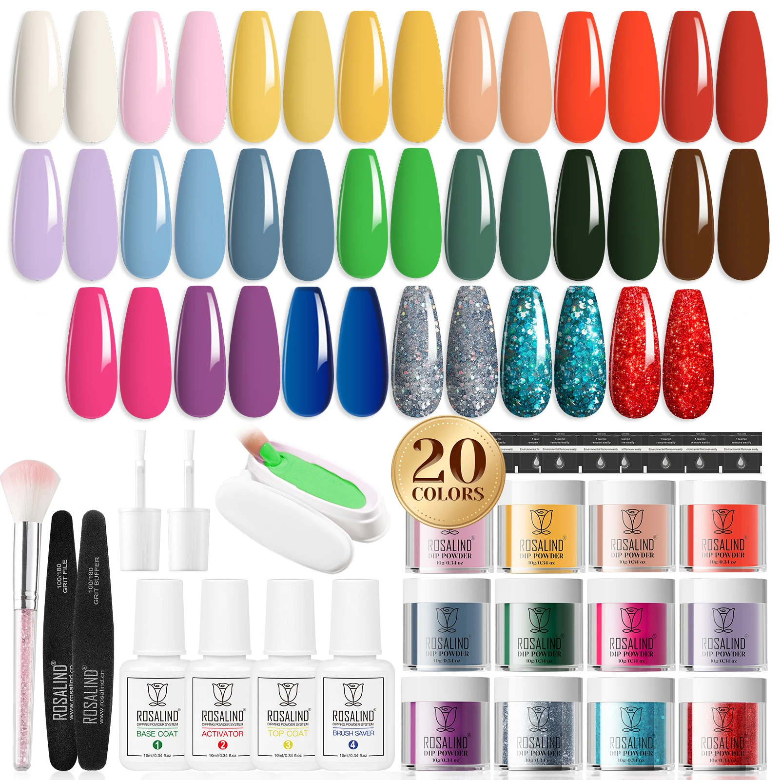 ROSALIND 29PCS Dip Nails Powder Starter Kit, 20 Colors Dip Powder Nail Kit Red Green Orange Glitter Series Nail Color