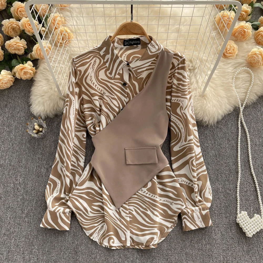 

Spring Fashion New Korean Long Sleeve Top Loose and Slim Stripe Spliced Fake Two Piece Shirts for Women