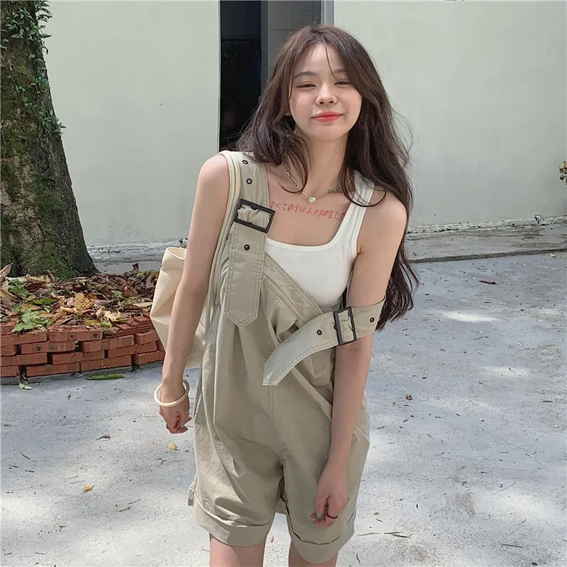 Summer Romper Ladies Solid Student Cute College Style Loose Wide Leg Pants Ulzzang Waist High Series Female Fashion Clothes