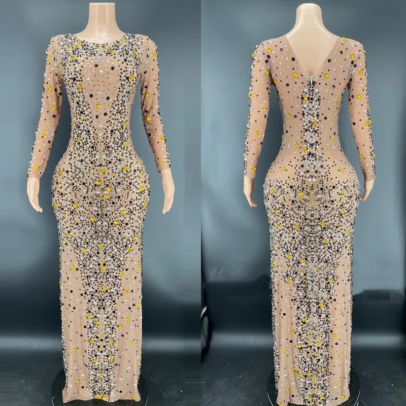 

Full Rhinestones Dress Sexy Long Sleeved Evening Jazz Dresses Women Birthday Celebrate Outfit Stage Festival Costume XS4131