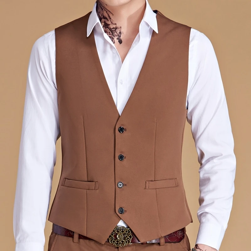 Men Vest White V Neck Solid Single Button Slim Business Formal Waistcoat Tweed Sleeveless Men Suit Vest 4