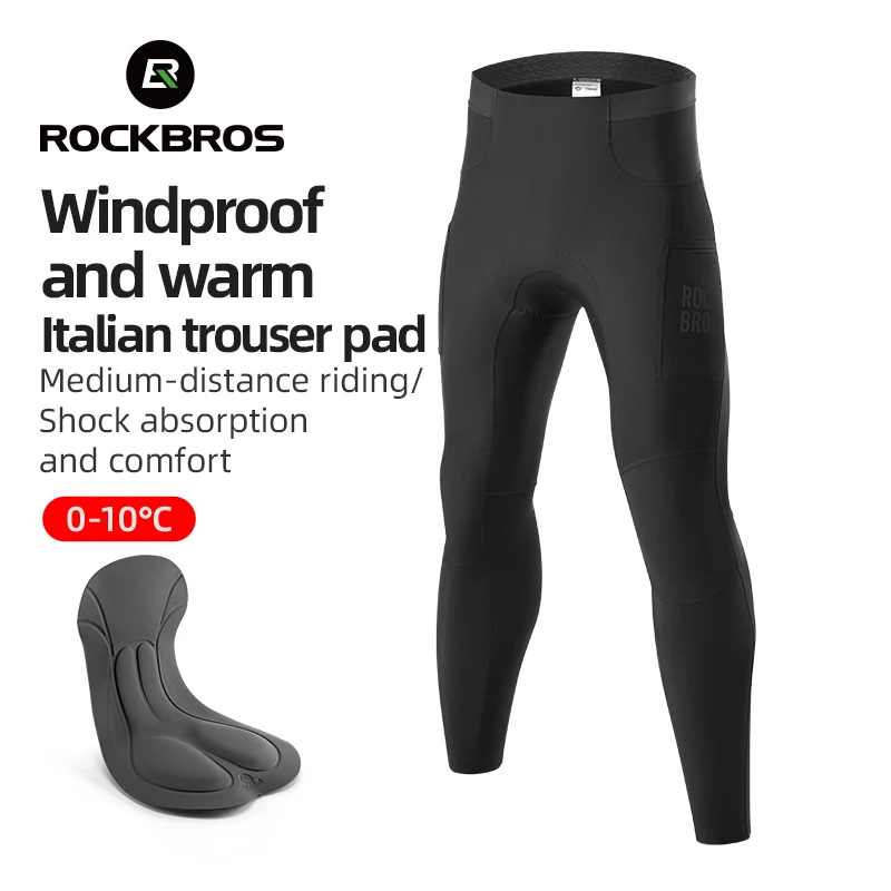 ROCKBROS Cycling Trousers With Italian Trouser Pad Long Tights Reflective Leggings Winter Fleece Thermal Anti Slip Pants 0-10&deg;