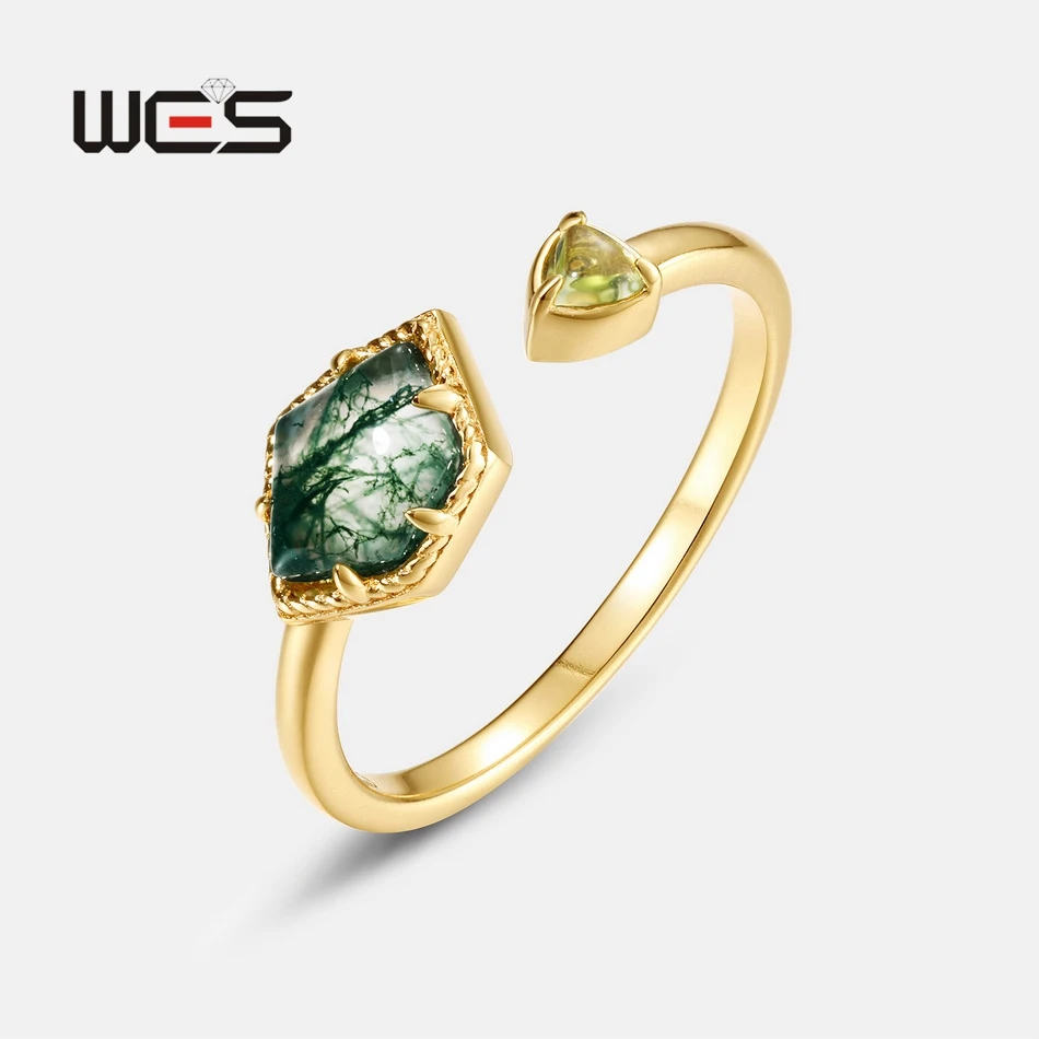 WES 925 Sterling Silver Natural 5*7mm Moss Agate Adjustable Rings for Women Geometirc Gold Plated Wholesale Trendy Gifts Jewelry