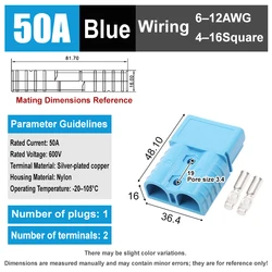 High Current Charging Plug Connector for Electric Car Battery and UPS Cable, 600V, Multiple Amp Options (Blue 50A)