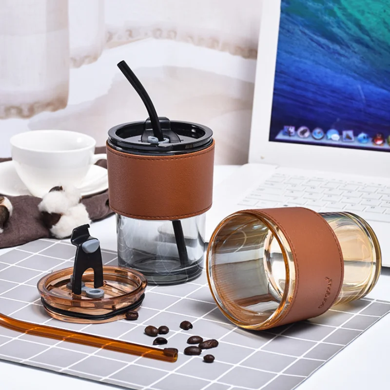 450ml Coffee Glasses Heat Resistant Leather Cover Glass Mug Water Cup Tea  Wine Drinkware Glasses Tumbler With Lids Straw - Mugs - AliExpress