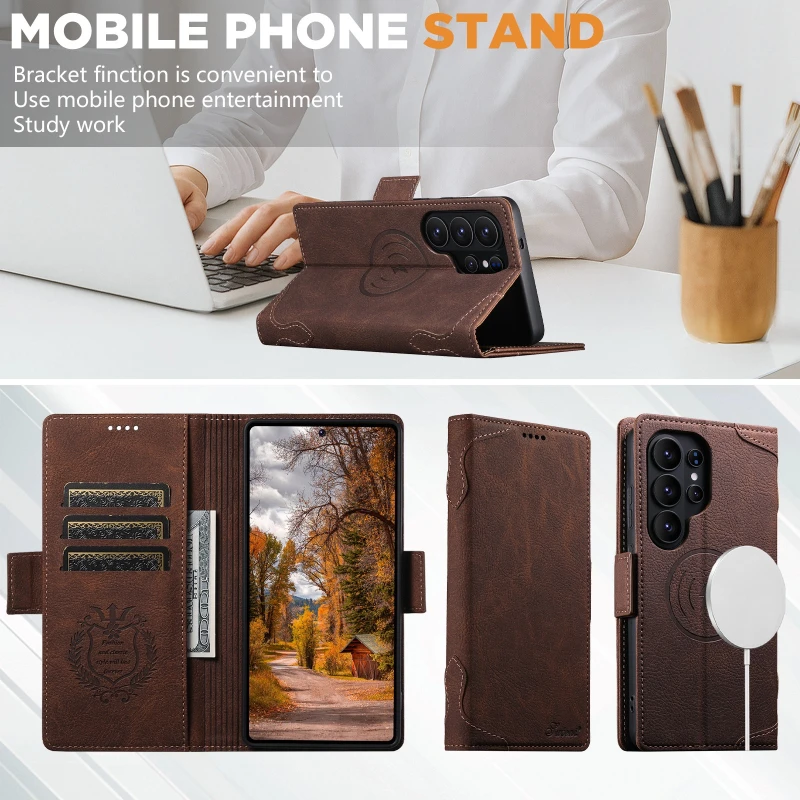 Wireless Charging Flip Leather Phone Case with Stand and Magnetic Card Slot