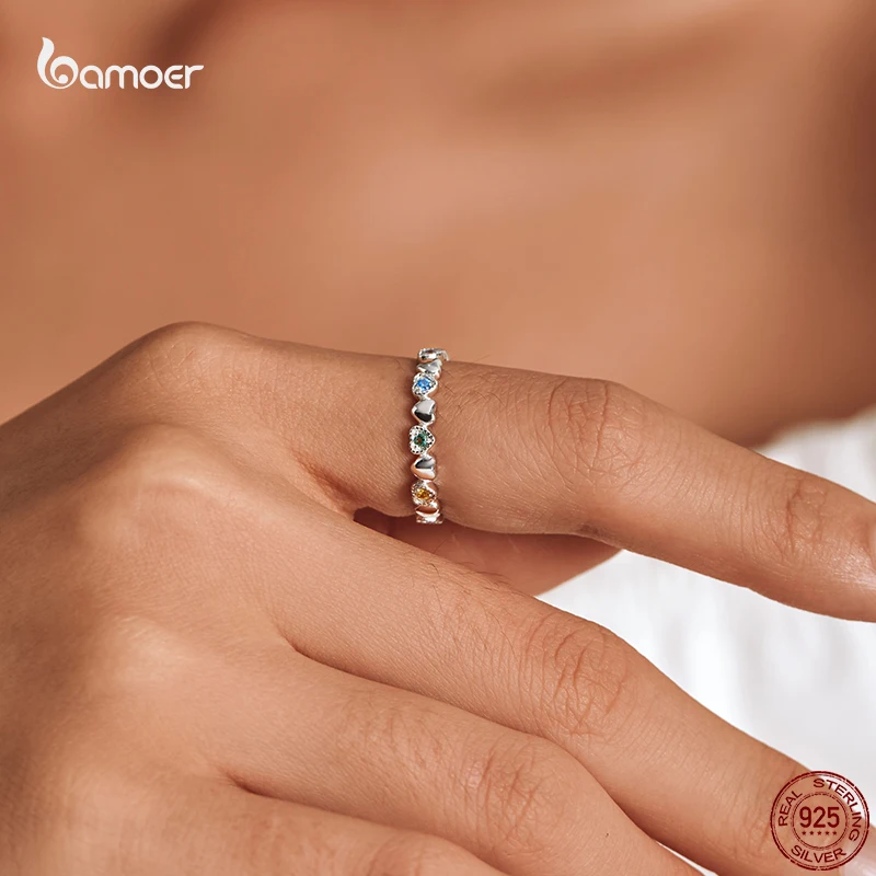 Silver Heart Ring Silver Rings Silver Ring Wedding Rings Bamoer Genuine 925 Sterling Silver Fashion Rainbow Heart Ring for Women
