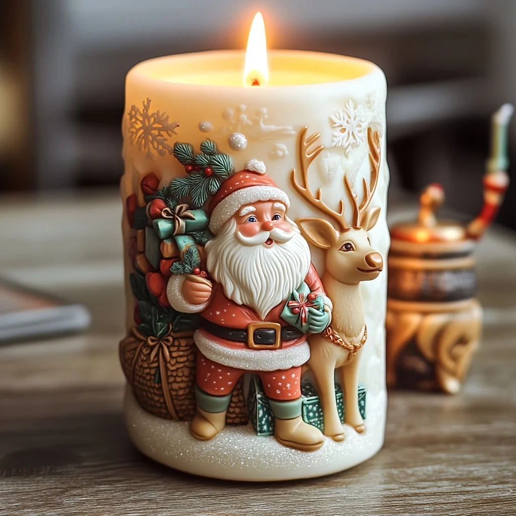 Santa Claus carrying gift relief cylindrical candle silicone mold Santa Claus reindeer Christmas gift relief gypsum resin molds - Image 2