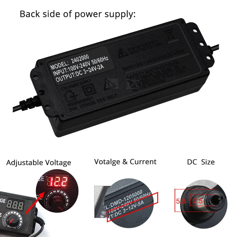 Universal Adjustable Power Supply with Display Screen - 3V to 24V, 5A/2A Output, US/EU Plug