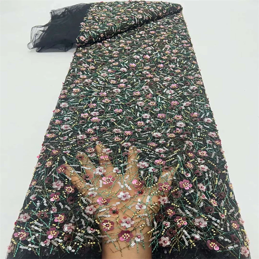 

Новинка 2024, роскошная французская кружевная ткань ручной работы с бисером, Высококачественная вышитая блестками Тюлевая кружевная ткань для свадебного платья невесты