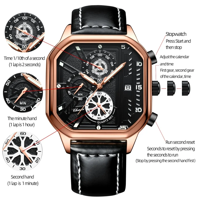 CHENXI 904 Men Quartz Watches Square Dial Wristwatch Chronograph Calendar Luminous Leather Strap Fashion Sports Men's Watch 6