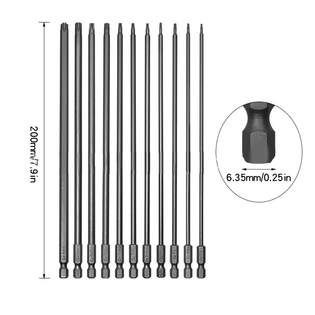 11pcs Torx Screwdriver Bit Magnetic With Hole Hex Shank For Electric Drill 200mm For Electric Power Drill Screw Driver Hex Shank