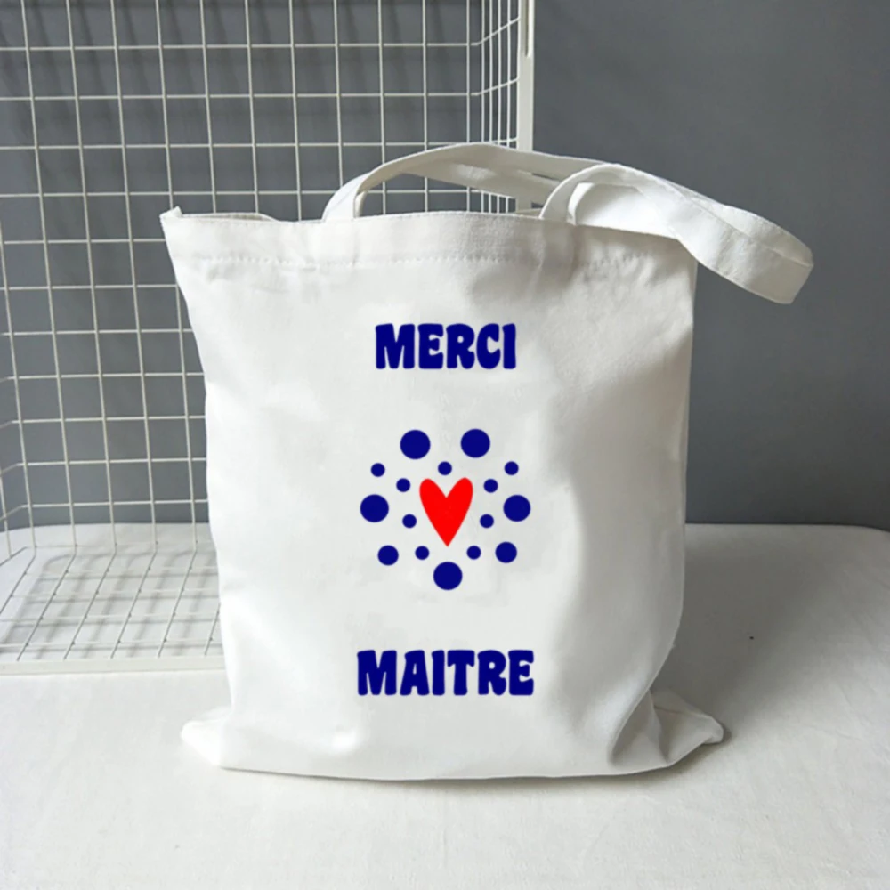 Merci Maîtresse Print Cotton Canvas Shoulder Shopper Tote Bags Travel Storage Handbag Teacher Book Travel Storage Bags Shopper