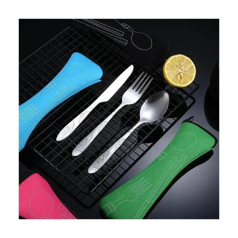 7/3 Pcs Stainless Steel Outdoor Camping Tableware Set Of Pieces Western Food Steak Knife Fork Spoon Creative Cloth Bag Portable