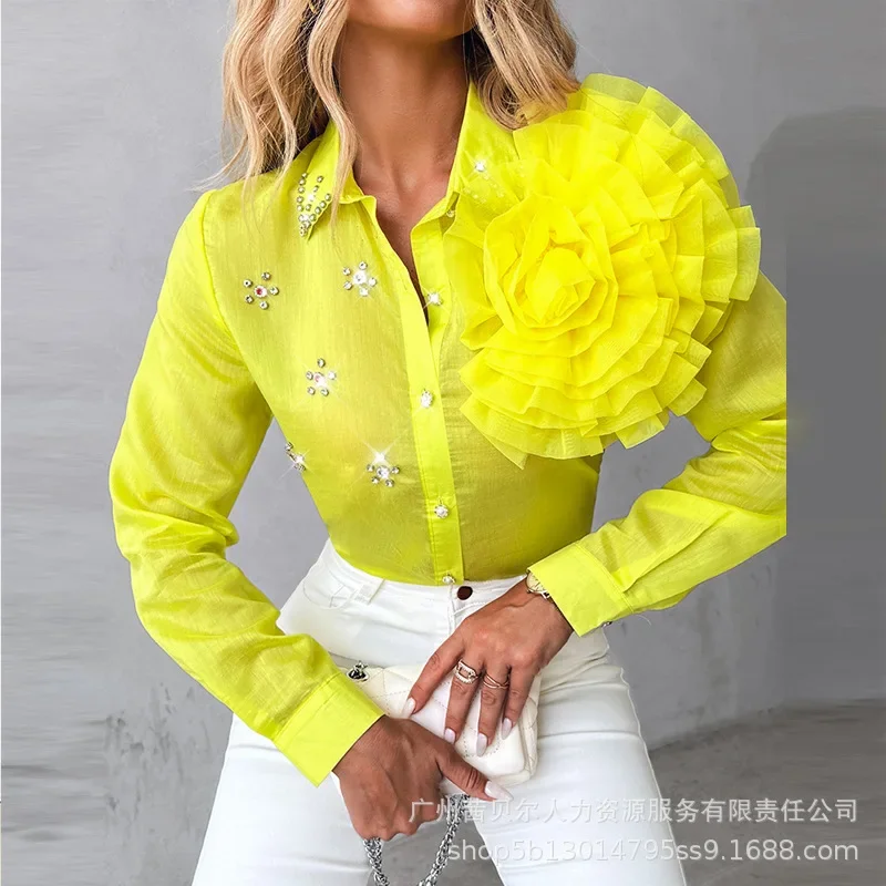 

Women Rose Floral Rhinestone Turn-down Collar Top Shirt Elegant Y2K Chic Clothes Long Sleeve Slim Fit T-shirt Blouse Streetwear