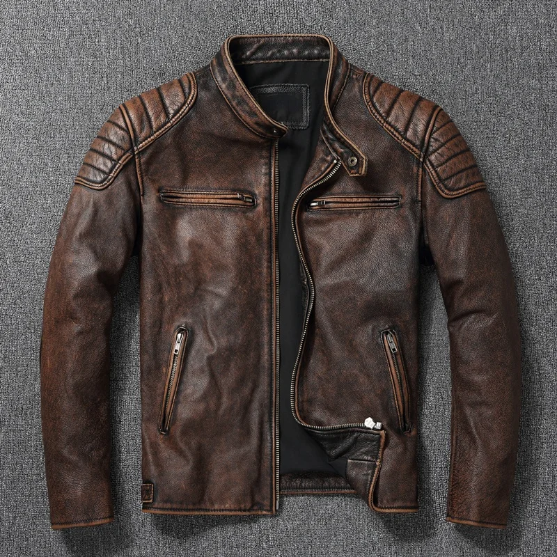 

Мужская байкерская куртка из натуральной воловьей кожи, желтая или коричневая винтажная мотоциклетная куртка, Азиатский Размер 6XL, одежда для весны и осени