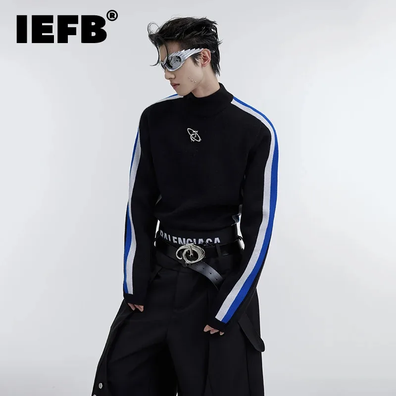 

IEFB Autumn Winter Slim Men's Pullovers Niche Patchwork Contrast Color Sweater High Neck Striped Male Knitwear 2023 New 9C3233