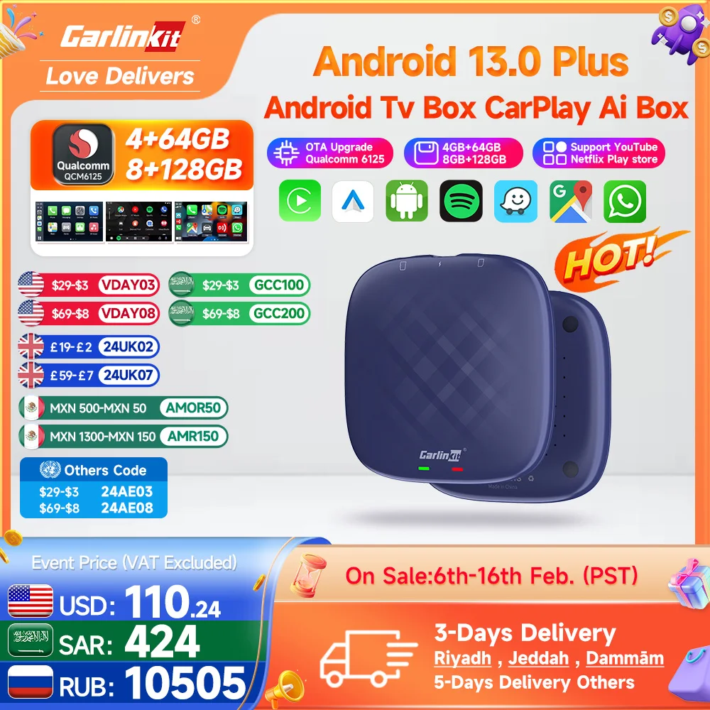 Carlinkit Android 13 8+128GB Ai Multimedia Box with Wireless Carplay  function 