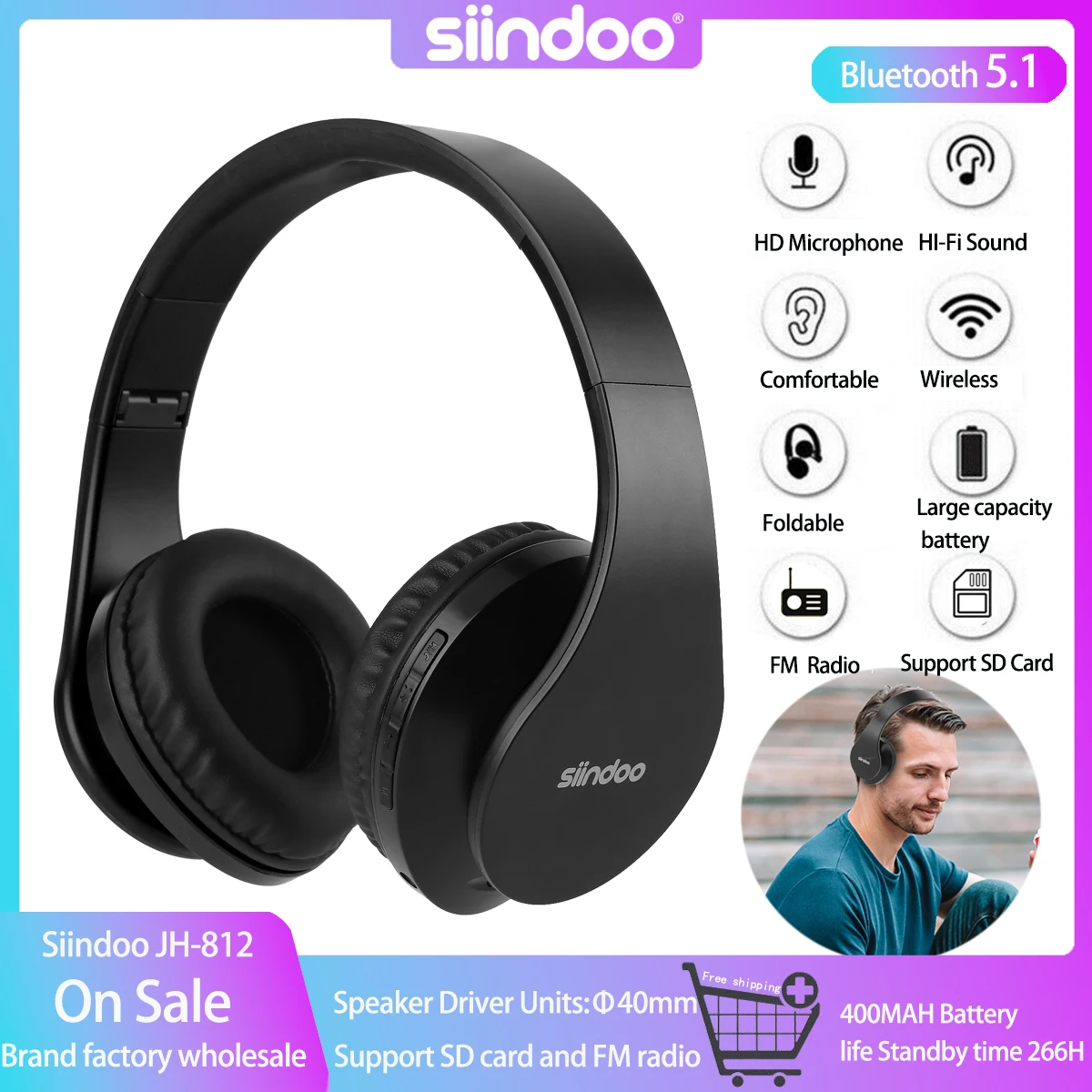 

Siindoo JH-812 Black Bluetooth Headphone Foldable Stereo Music Earphones FM and Support SD Card with Mic for Mobile Samsung PC