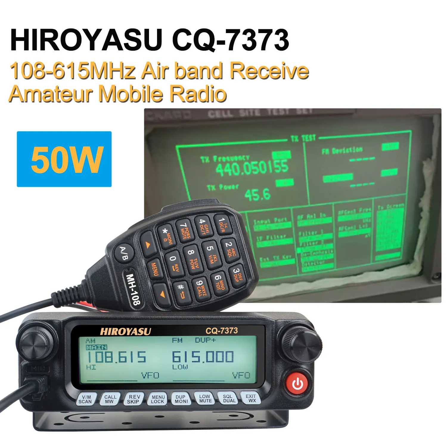 HIROYASU CQ-7373 Amateur Mobile Transceiver 50W 100Ch Air Band Rx VHF UHF Dual Band Tx Front Panel Detached Car Walkie Talkie 2