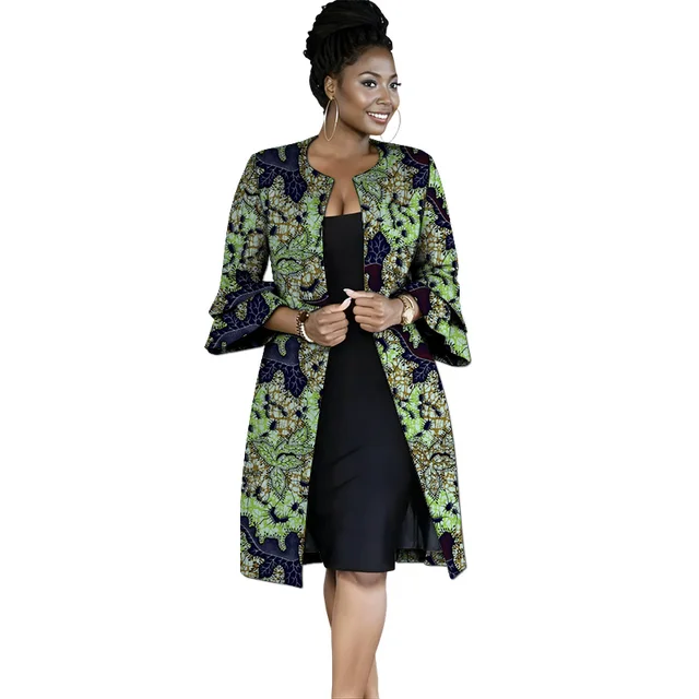 Double Layered Lotus Sleeves Women's Coats African Print Collarless Cardigan Long Jacket Retro Style Female Ankara Outfit 2