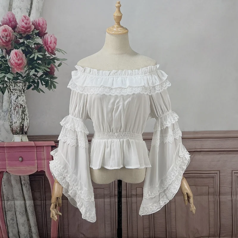 Victorian Vintage Lolita Shirts Women Kawaii Lace Ruffles O-Neck Flare Sleeve Chiffon Tops Girly Sweet Elegant Princess Blouses women gothic lolita birdcage 5 hoop petticoat underskirt medieval victorian circle fishbone crinoline pannier