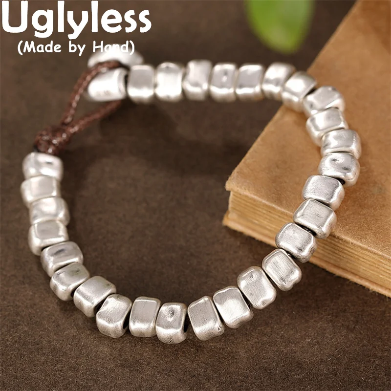 

Uglyless 100% 990 Pure Silver Beading Bracelets Women Wax Rope Bracelets Square Silver Beads Jewelry Minimalism Bangles Ethnic