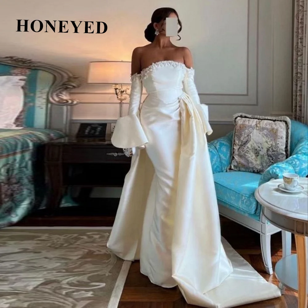 

Honeyed Strapless Ivory Satin Mermaid Wedding Dresses Detachable Overskirt Long Sleeves Saudi Arabic Bride Formal Evening Gown