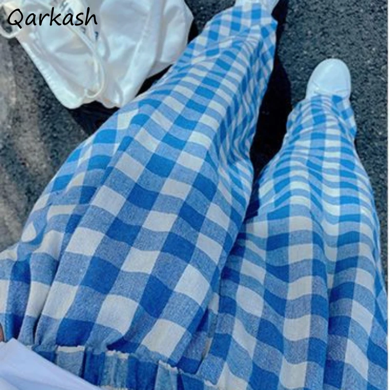 

Casual Pants Women Blue Plaid High Waist Lovely Japanese Style Straight Simple Streetwear Harajuku Preppy Students Sweet Stylish