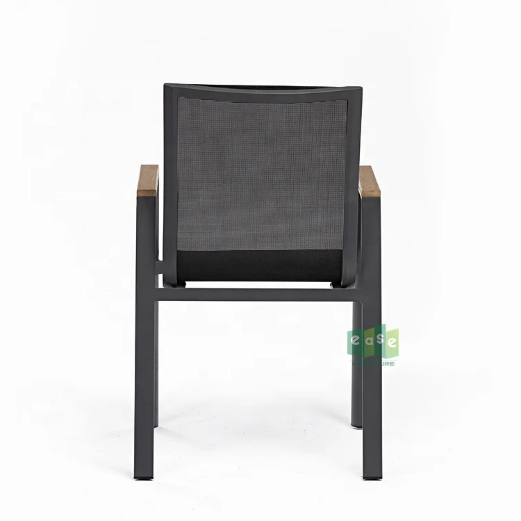 (E3042) Aluminum Metal Black Stackable Outdoor Patio Cafe Dining Chairs with Teak Armrests