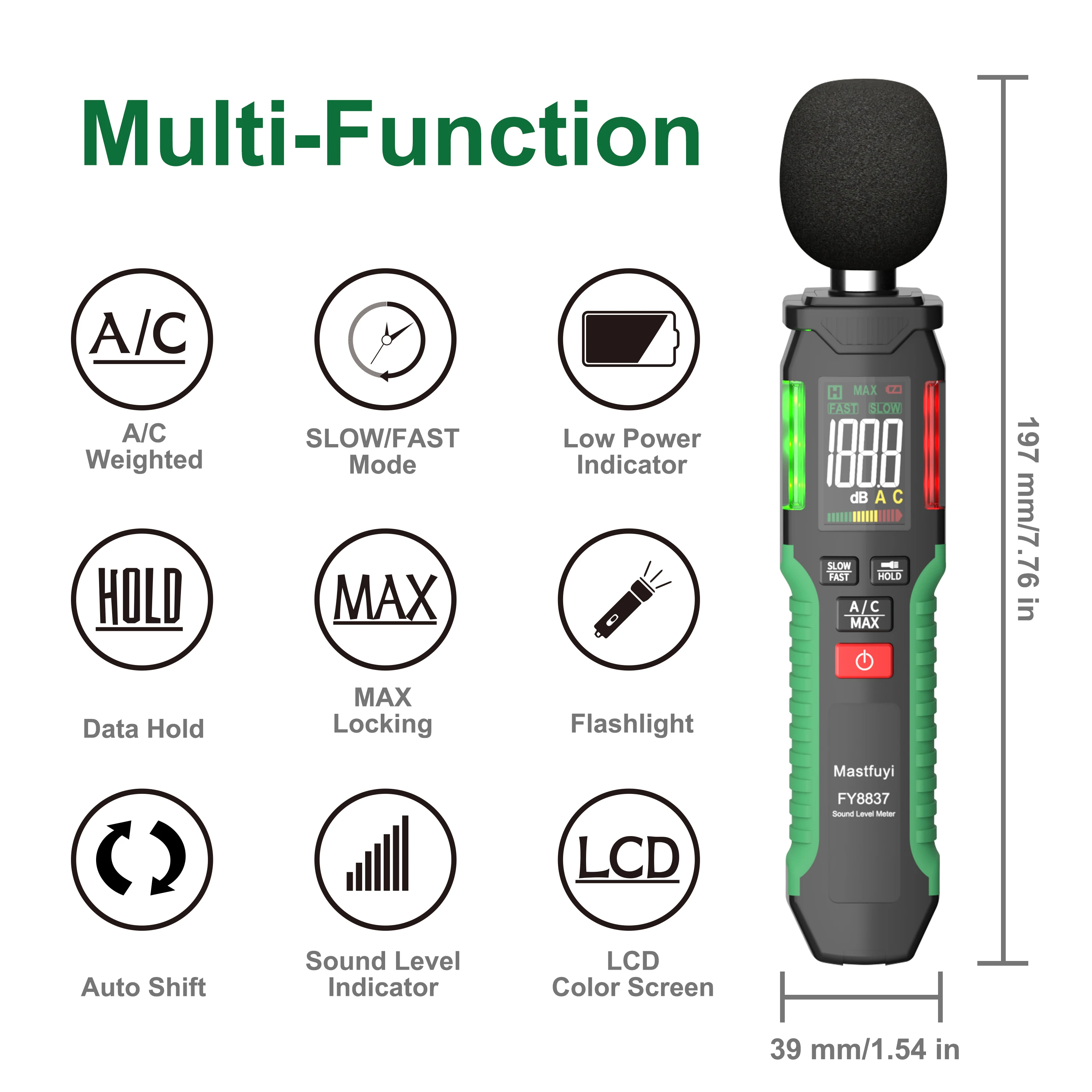MASTFUYI Professional Digital Sound Level Meter, 30-130dB Range, High-Precision Noise Measuring Instrument for Audio Analysis 4