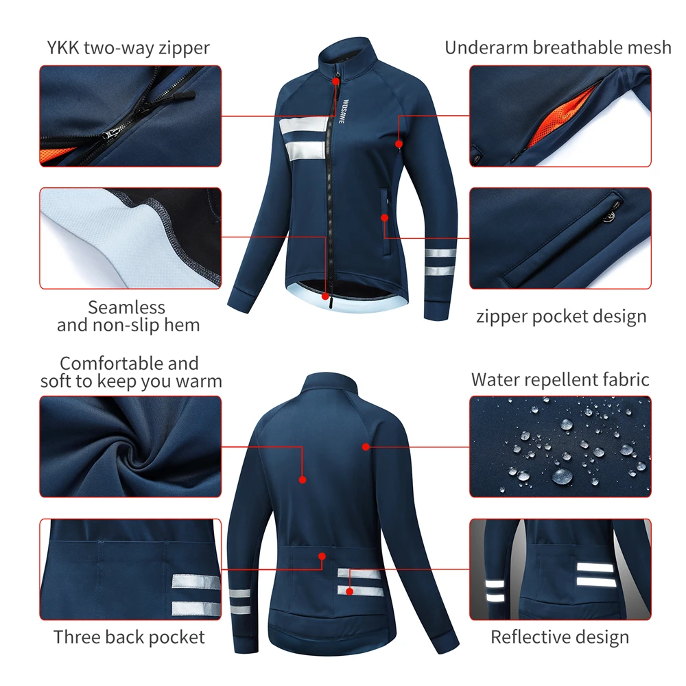Cycling Jacket Cycling Clothes Reflective Jacket WOSAWE Womens Winter Bike Jackets Warm Up Long Jersey Fleece Windproof Reflective Cycling Jacket with YKK zipper