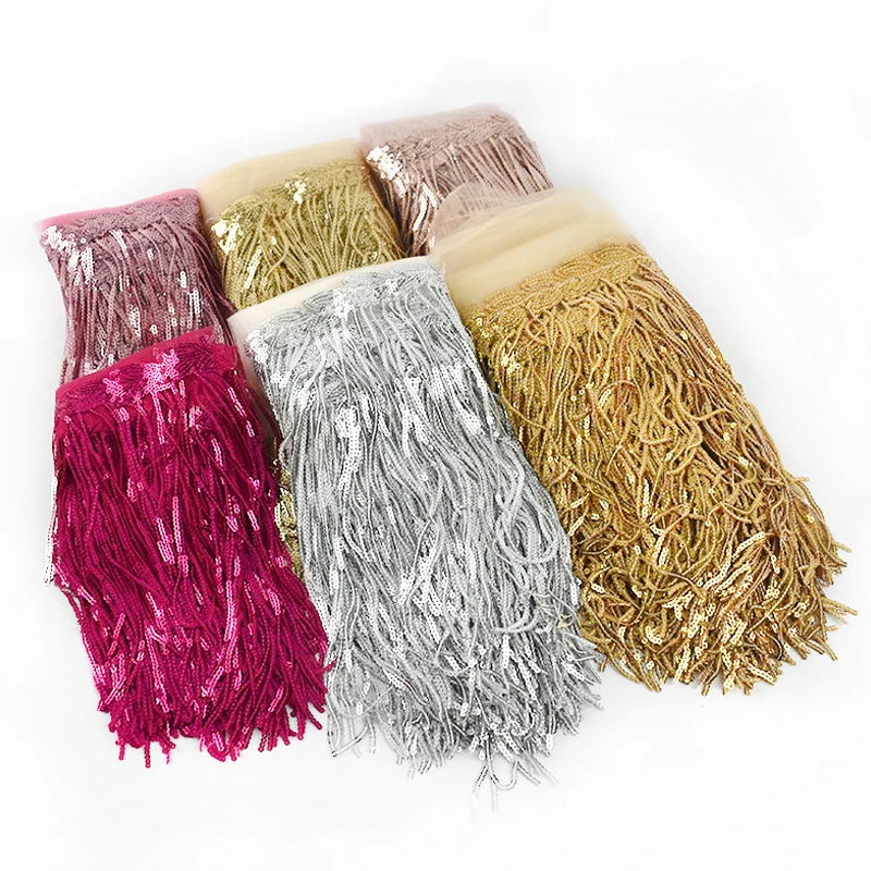 

20cm 10Yard Meetee Colorful Sequins Tassel Lace Fabric Fringe Trim Ribbon DIY Dance Performance Dresses Decor Sewing Accessories