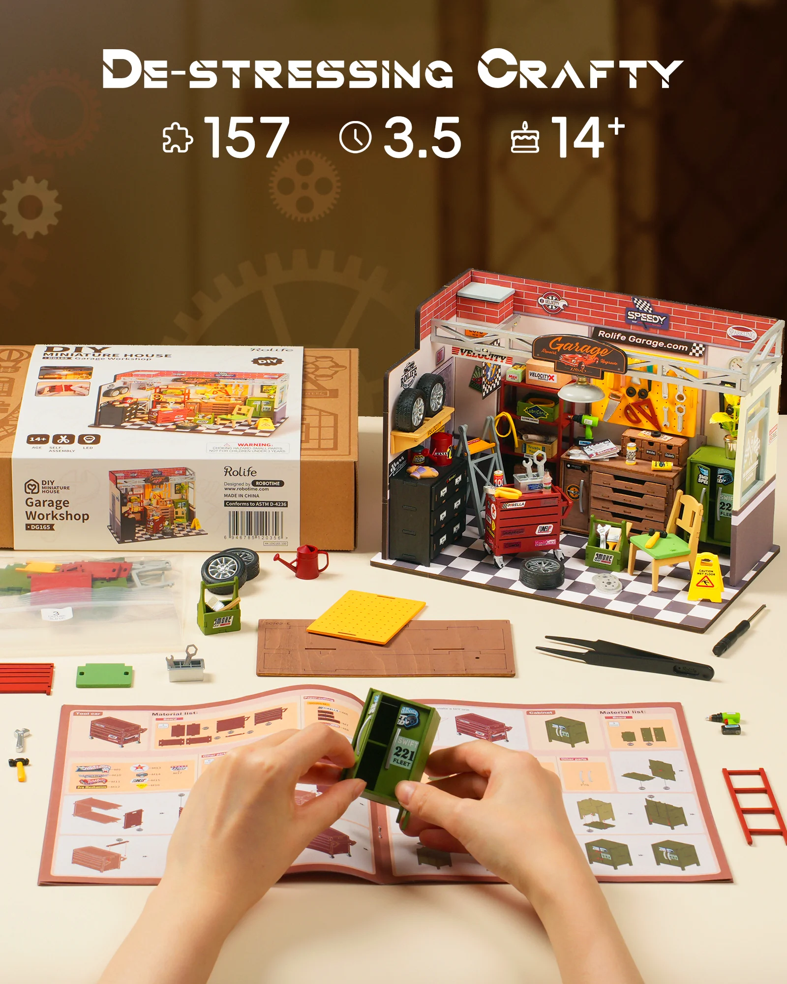 Robotime DIY Miniature House Kit Mini Dollhouse Garage Workshop Tiny House Making Kit with LED Light Decorative for Children 3