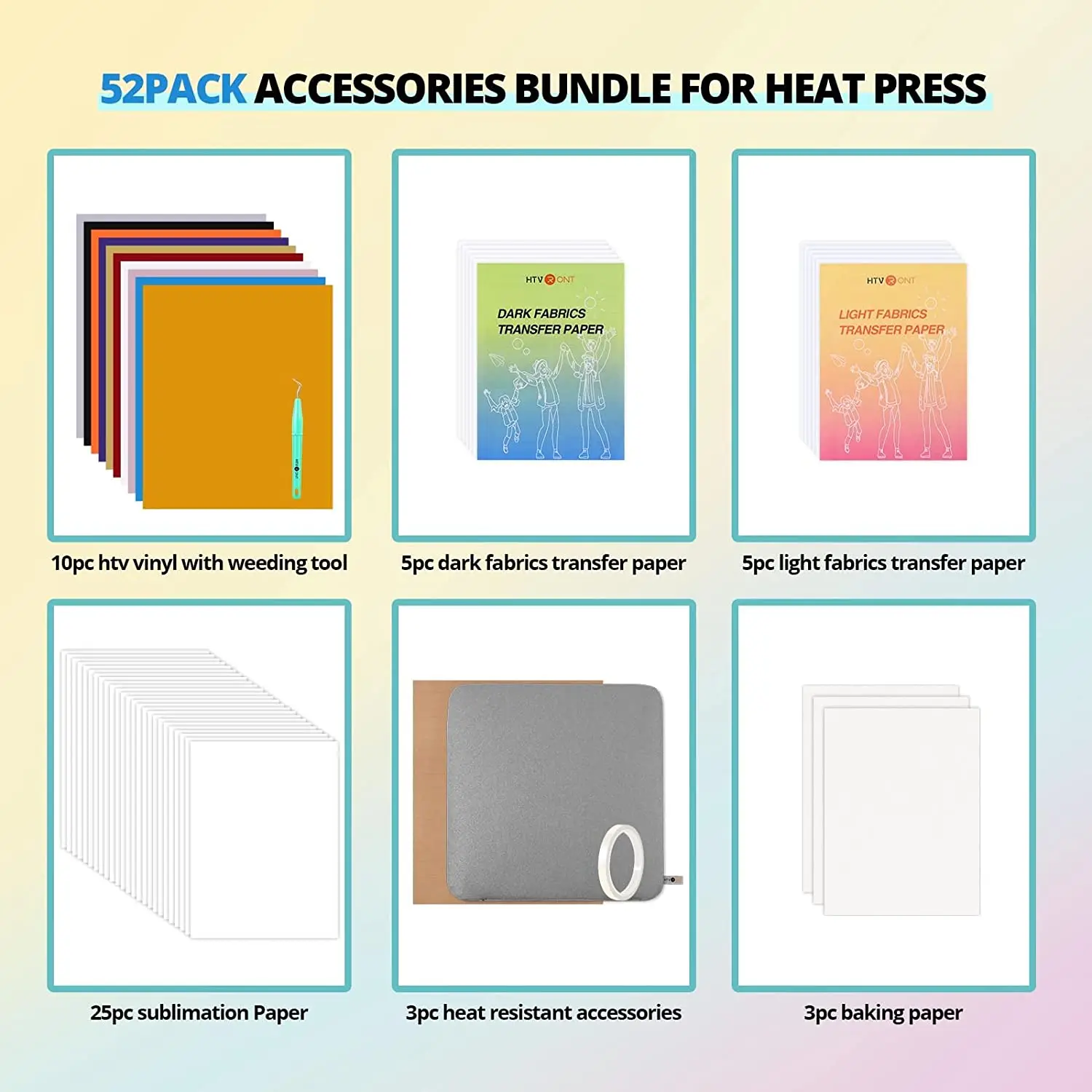 HTVRONT 52pcs Heat Press Accessories for Beginners Cricut Clothing T-shirt Printing DIY HTV Sublimation Paper Pad Kits 2