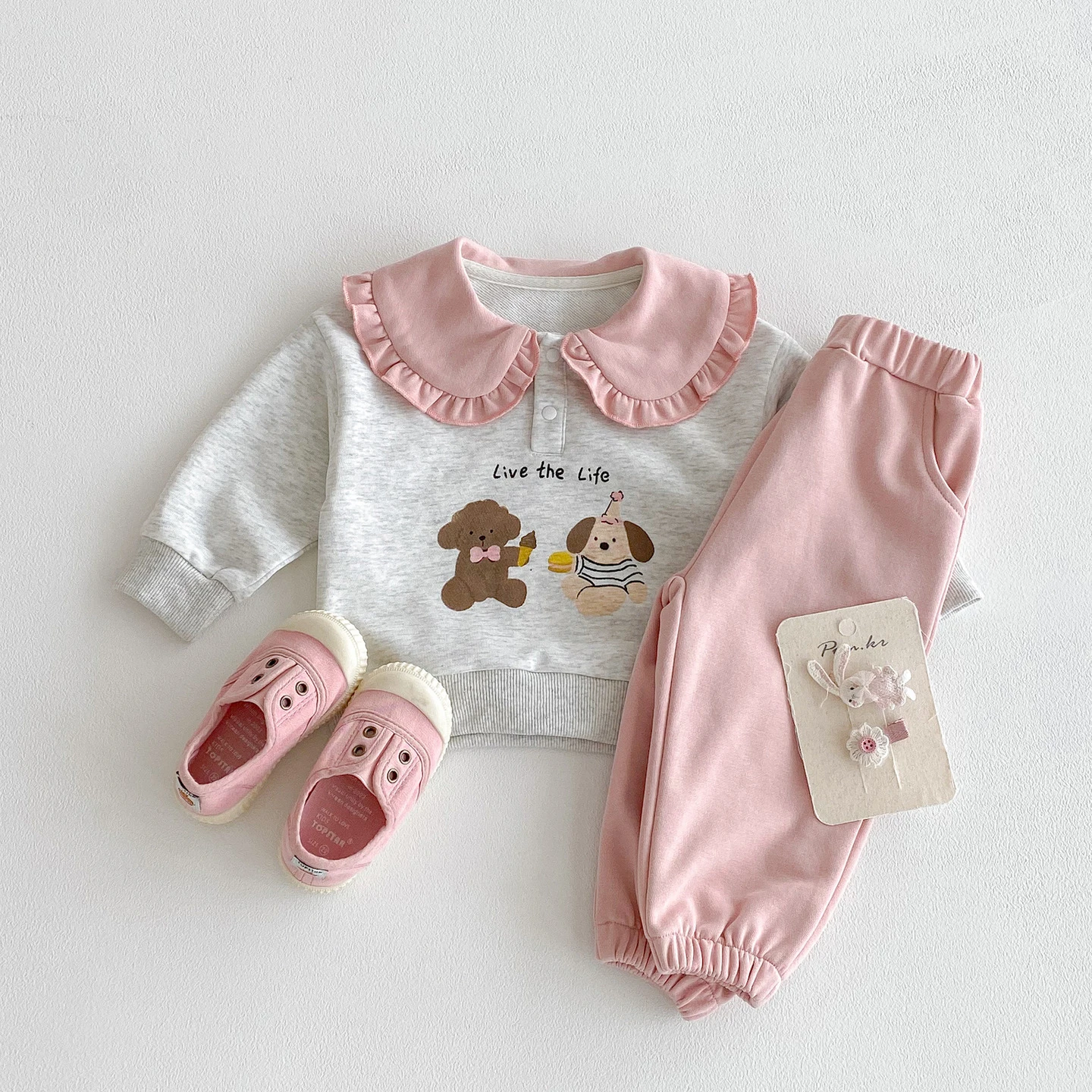 Girls Cartoon Print Hoodie and Pink Pants Sports Suit