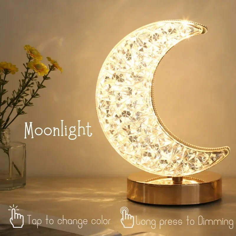 

Bedroom Crystal Touch Dimming Night Light Girls Room Home Decor Aesthetics Rechargeable Bedside LED Ambient Table 3d Moon Lamp