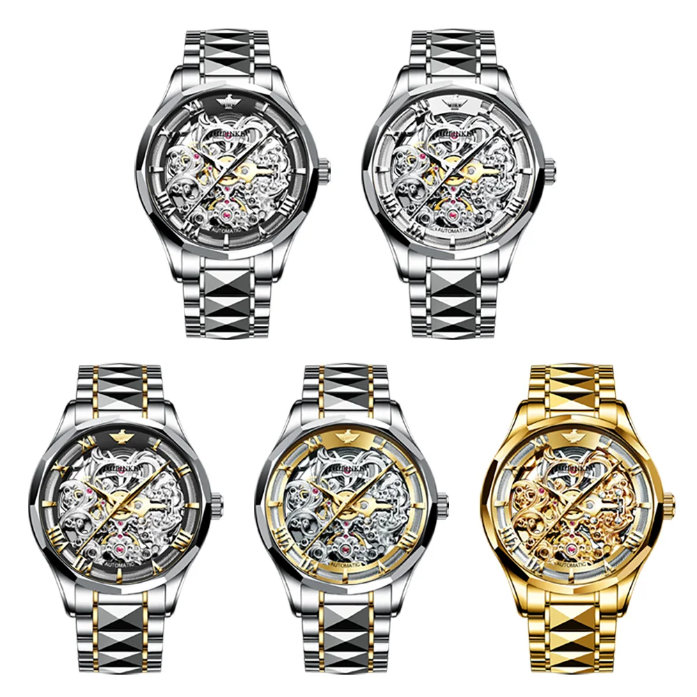 OUPINKE 3168 Luxury Mens Watches Transparent Hollow Out Tungsten steel Automatic Mechanical Watch 50m Waterproof Man Wristwatch