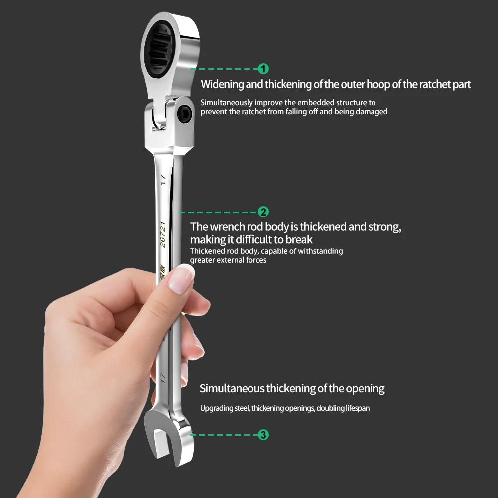 High-Efficiency Dual-Use Universal Ratchet Wrench with Movable Head