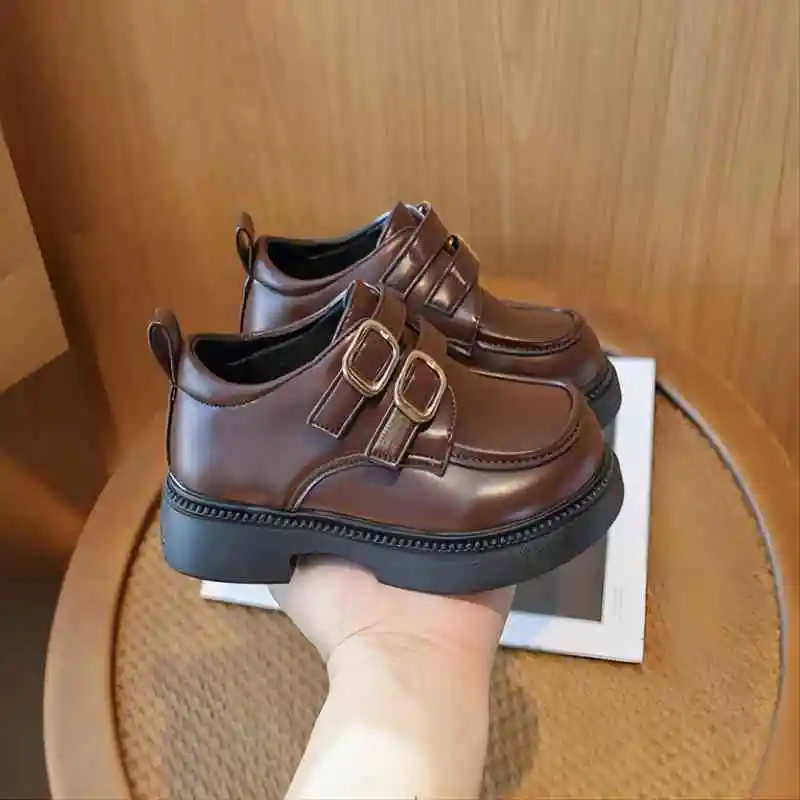 Children Leather Shoes Girls Metal Button Princess Leather Shoes Round Toe Non-slip Soft Sole Loafer Size 23-36 3