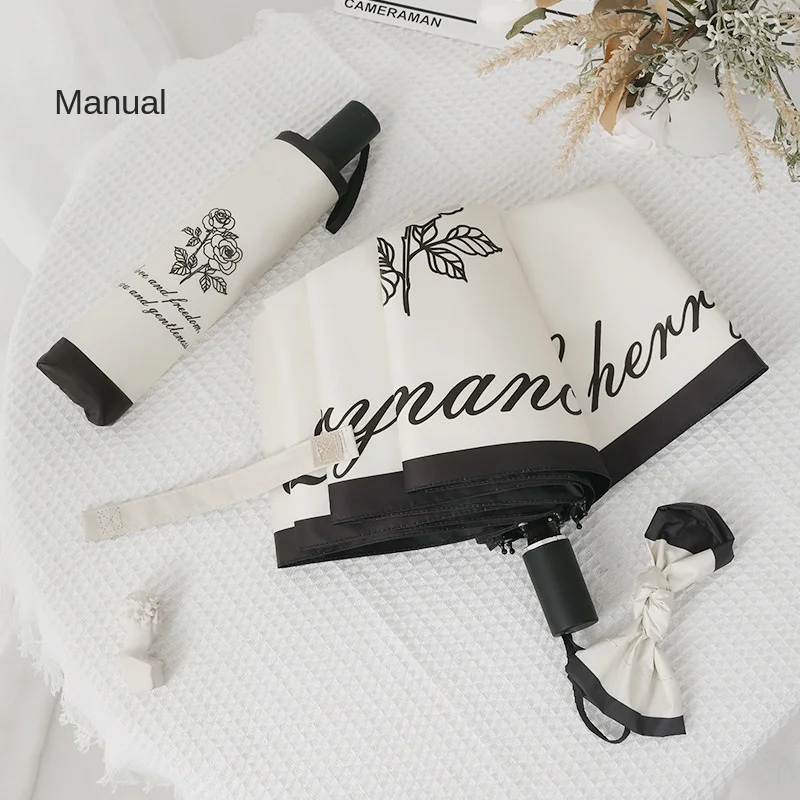 Automatic Three-fold Sunny Umbrella Folding Umbrella Vinyl Anti-UV Sunshade Retro Rose Sun Umbrella