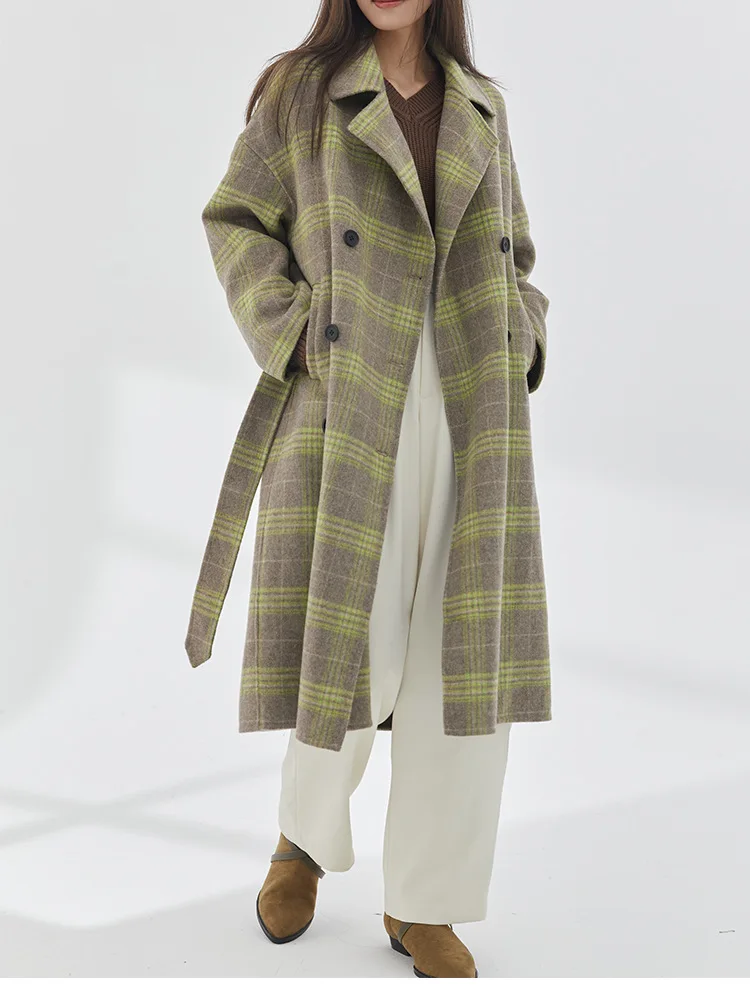 Reversible Wool Coat     Women's Fresh Plaid Loose Tie womens Bathrobe Section, woolen Tweed Jacket, Suit Collar, Minimalist Winter Coats Outerwear for woman in green with belt, Bl * Mi