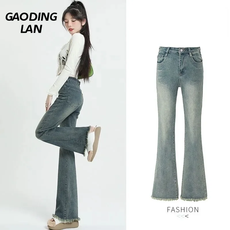 

GAODINGLAN Micro Flared Jeans Women High Waist Slim Fit Ragged Edge Denim Long Pants Tight Fitting Horseshoe Trousers Ladies