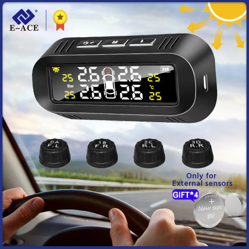 E-ACE Smart Car TPMS Auto Monitoring External Devce Tyre Pressure Monitoring System Security Alarm USB TMPS Tyre Pressure Sensor car headrest monitor