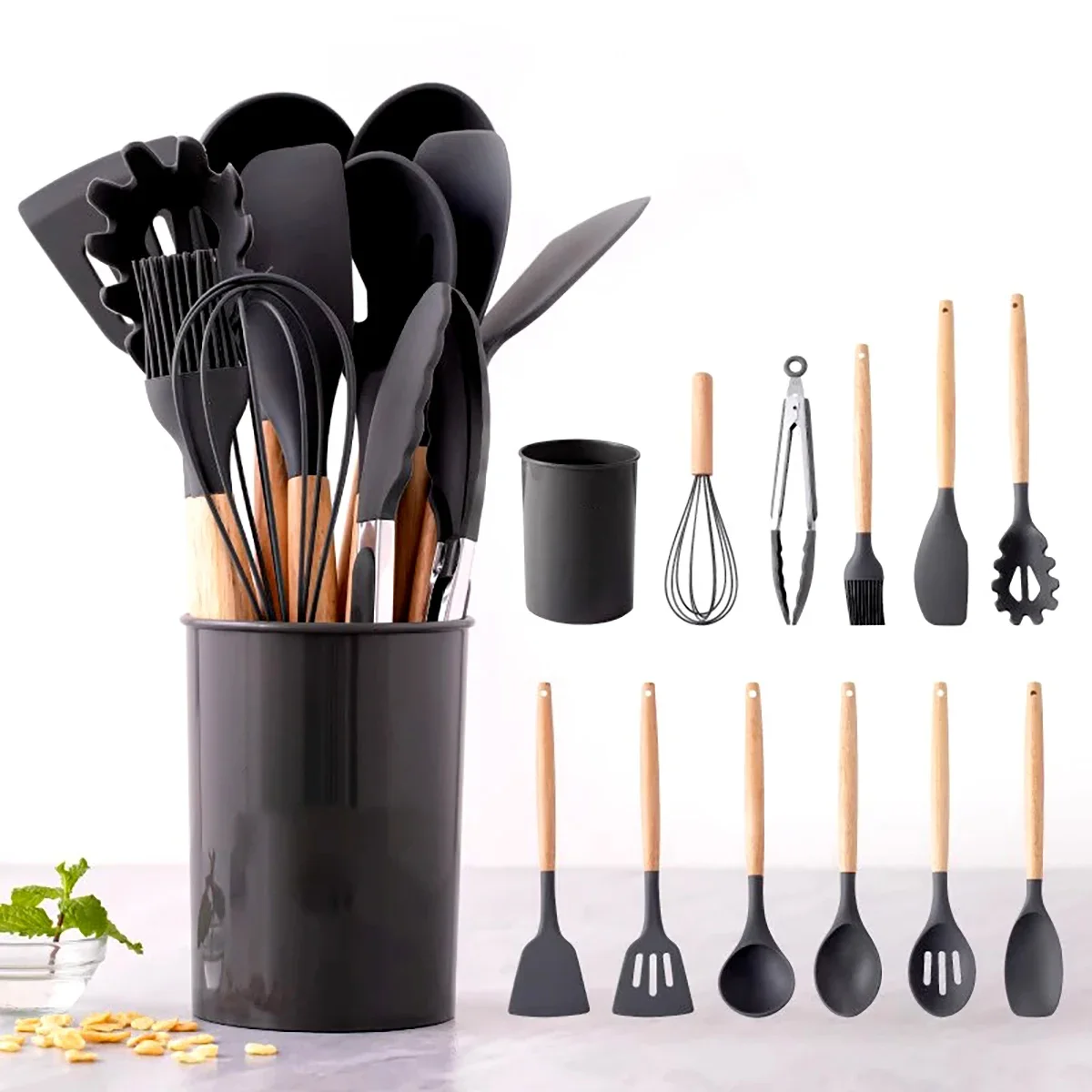 Silicone Kitchen Utensils With Storage Wooden Handle Bucket High Temperature Resistant And Non Stick Pot Spatula Spoon 12Pcs/Set silicone kitchen utensils