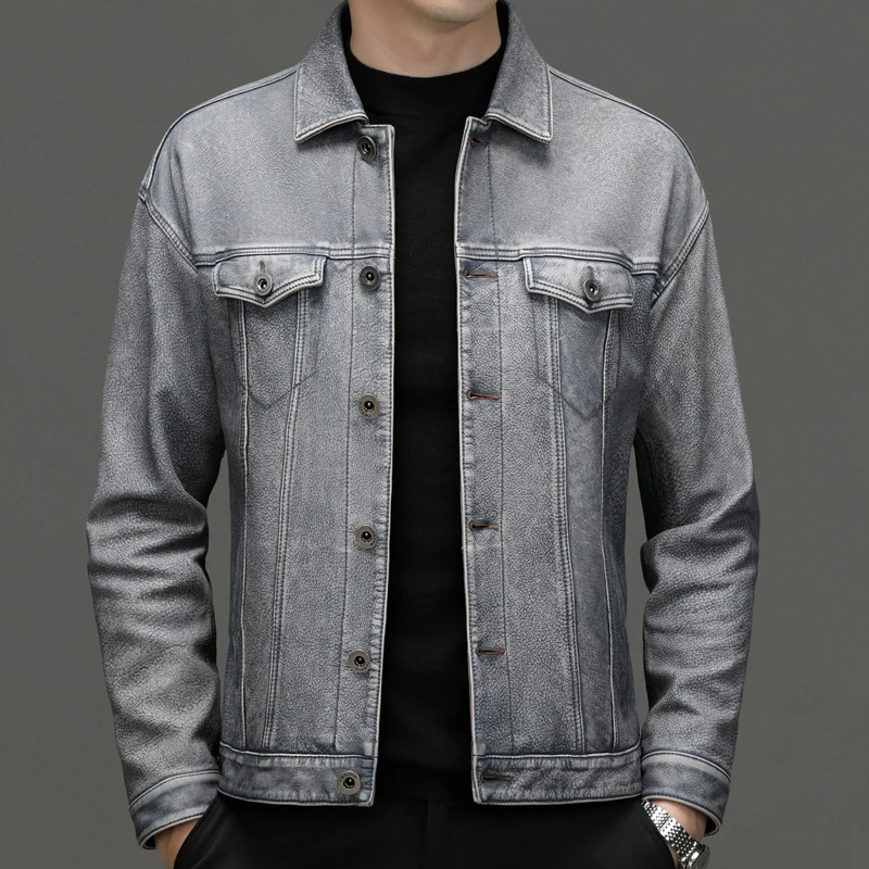 

2024 Autumn and Winter New Men's Business Slim-fit Trend Italian Style Fashion Solid Color Casual Leather Jacket Cowhide Coat